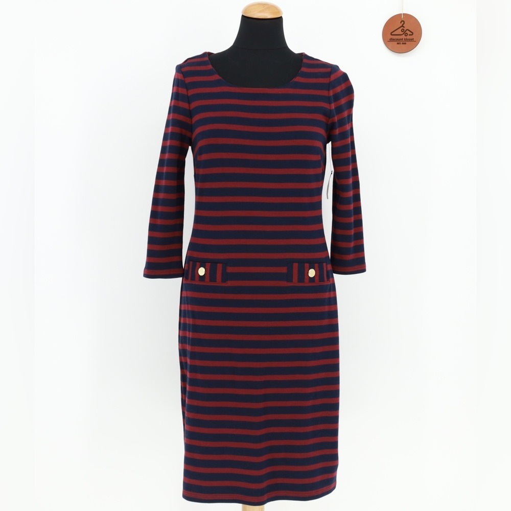 Talbots Navy‎ Burgundy Striped Cotton Sheath Dress Gold Buttons NWT Size Small